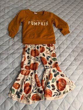 Mama's Pumpkin Kids Matching Set - Rust Top & Pumpkin Print Bell-Bottoms